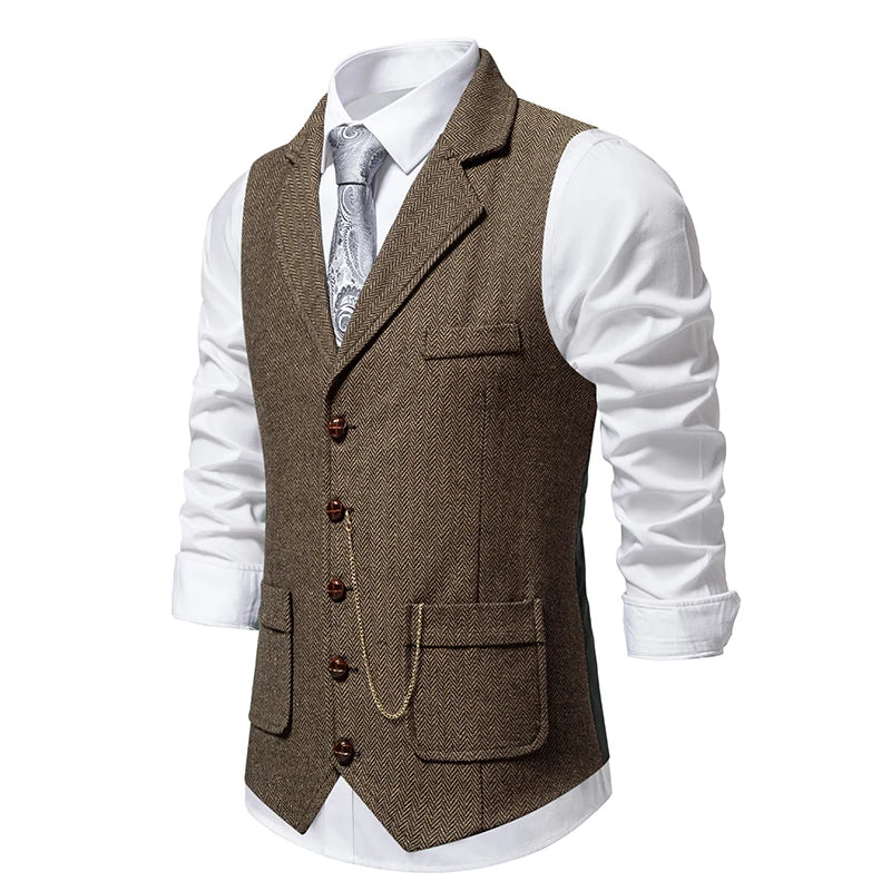 Men's British-Style Lapel Tweed Waistcoat Brown (Side)