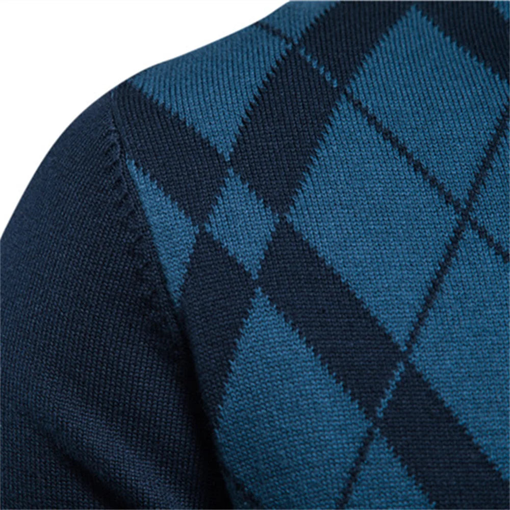 Navy Standing Collar Argyle Men's Jumper Close up